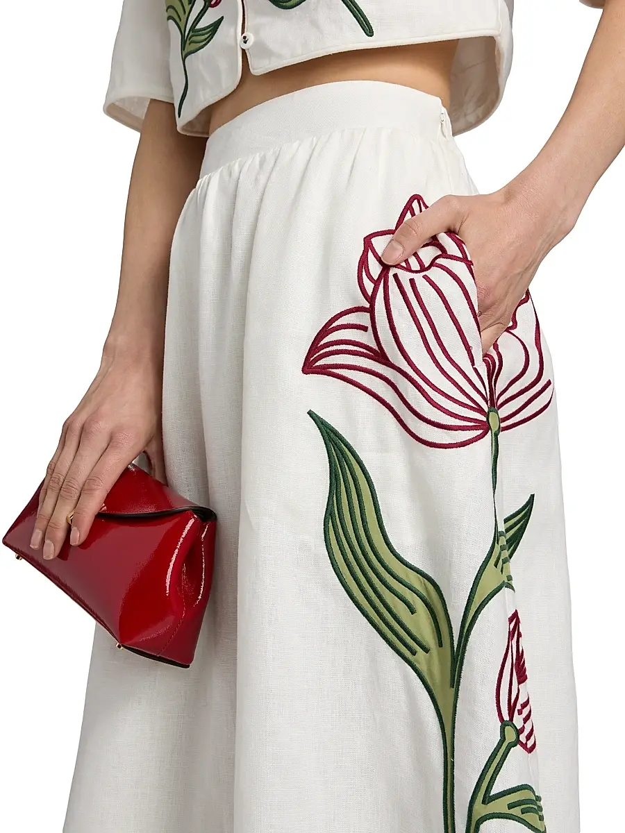 Farm Rio Women's Floral-Embroidered Linen Midi-Skirt | Thumbnail 6 Farm Rio Women's Floral-Embroidered Linen Midi-Skirt | Thumbnail 6