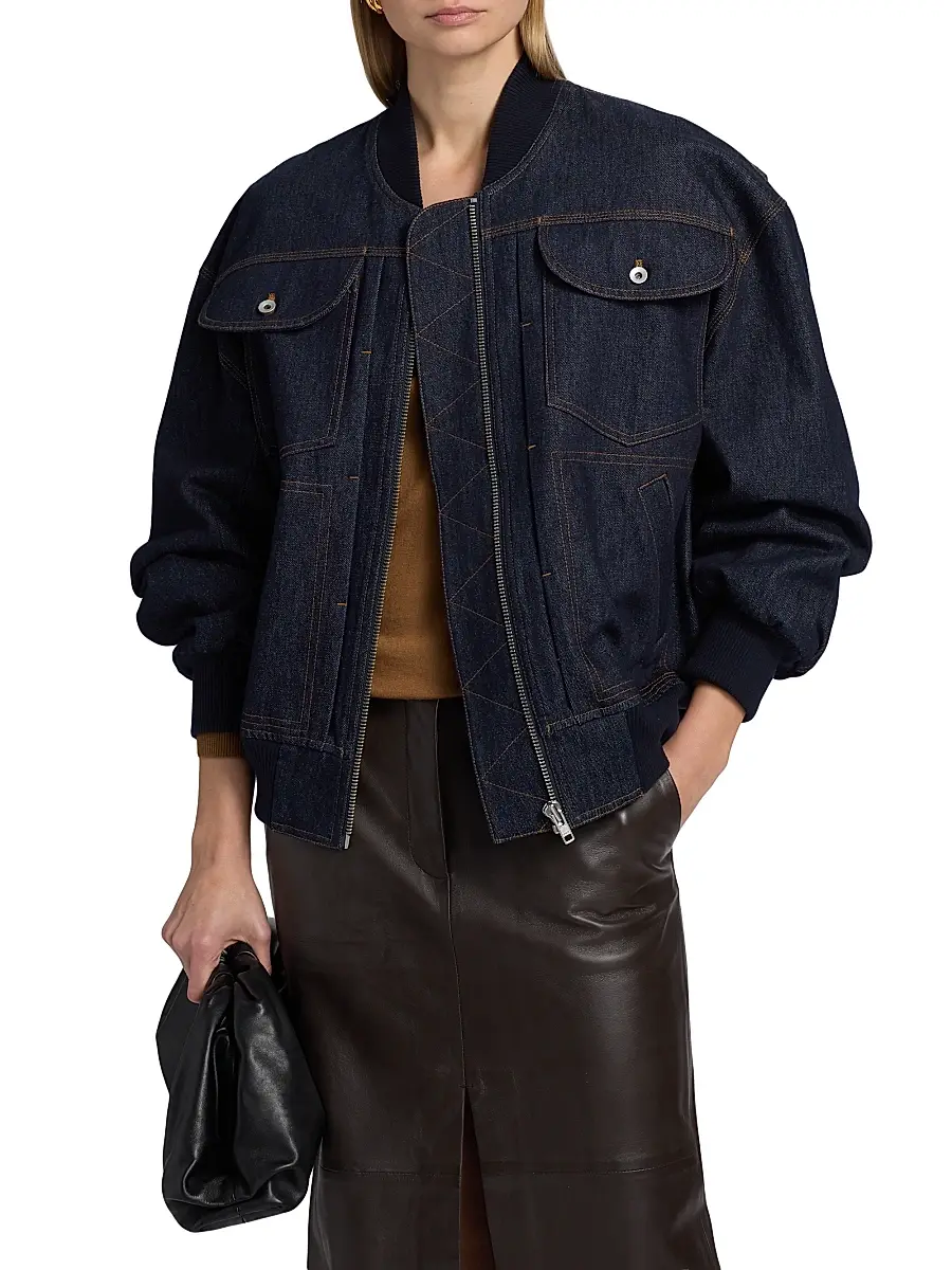 Co Women's Denim Cotton Bomber Jacket | Thumbnail 3 Co Women's Denim Cotton Bomber Jacket | Thumbnail 3