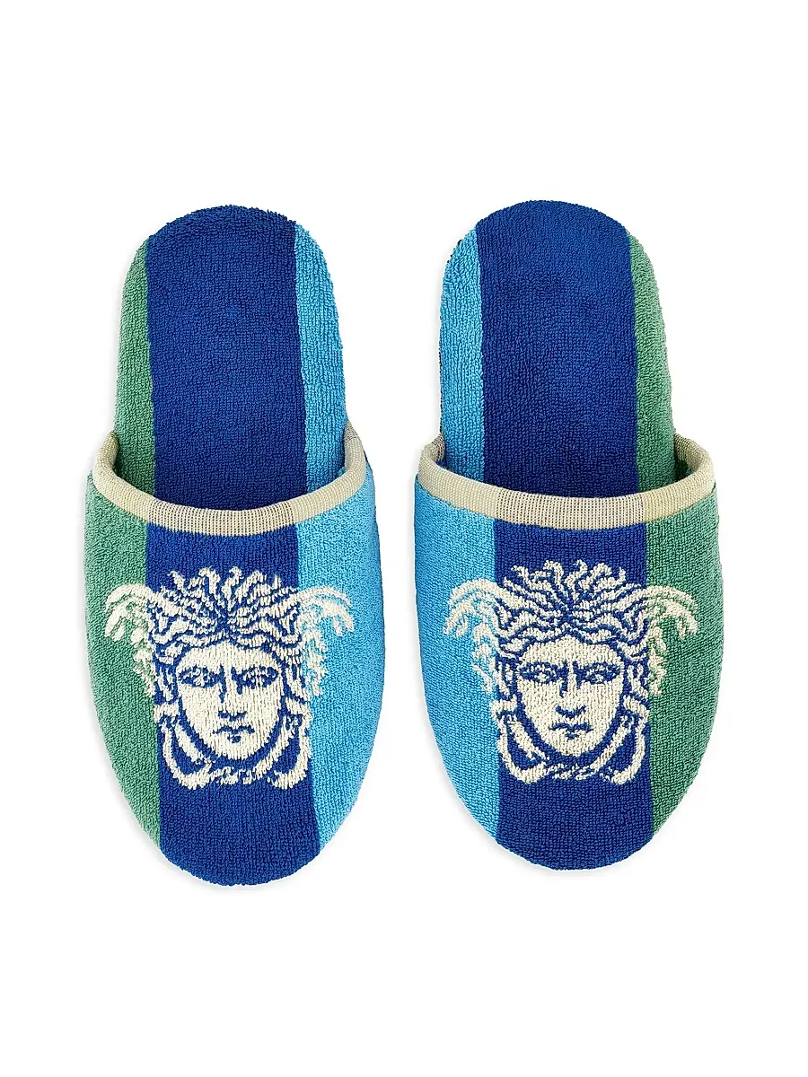 Versace Men's Medusa Jacquard Striped Jersey Slippers - Blue Multicolor - Size XL | Image 1 Versace Men's Medusa Jacquard Striped Jersey Slippers - Blue Multicolor - Size XL | Image 1