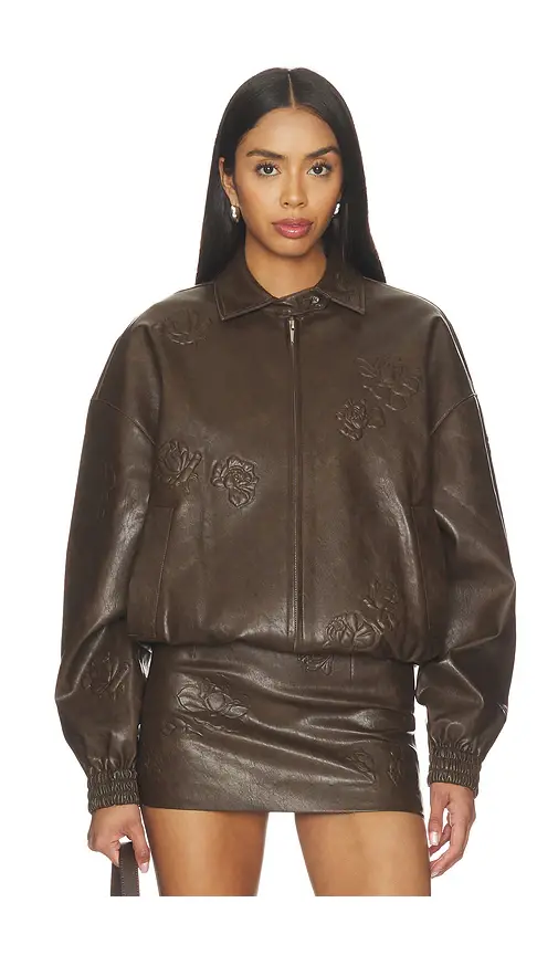 Markgong Faux Leather Floral Imprinted Baseball Jacket | Thumbnail 2 Markgong Faux Leather Floral Imprinted Baseball Jacket | Thumbnail 2