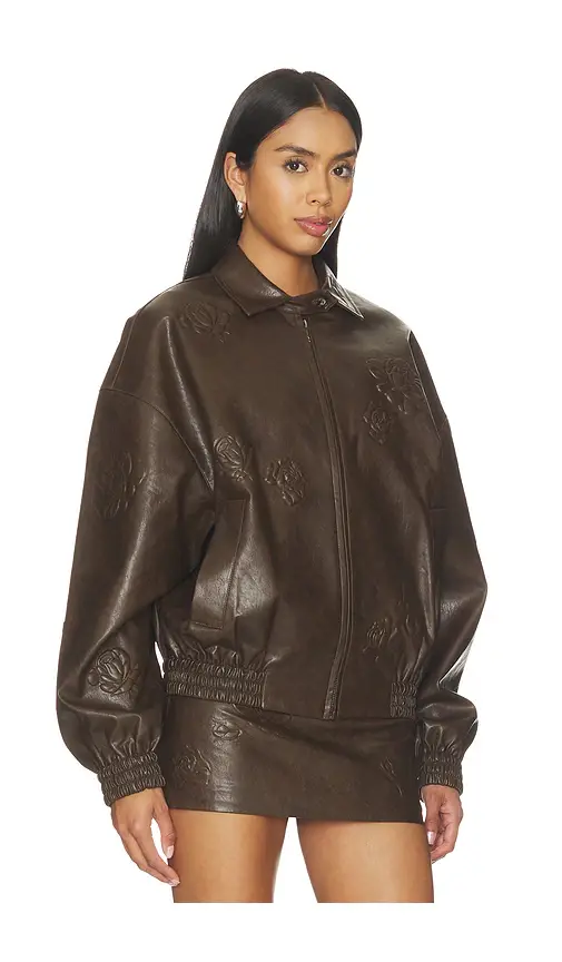 Markgong Faux Leather Floral Imprinted Baseball Jacket | Thumbnail 3 Markgong Faux Leather Floral Imprinted Baseball Jacket | Thumbnail 3