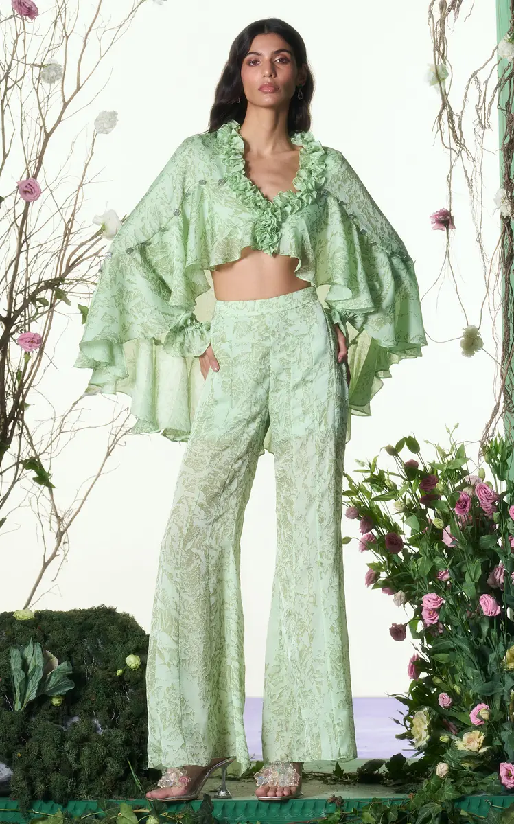 LA FUORI Mistleaf Ruffled Printed Satin Wide-Leg Pants | Thumbnail 3 LA FUORI Mistleaf Ruffled Printed Satin Wide-Leg Pants | Thumbnail 3