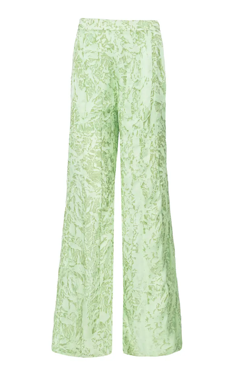 LA FUORI Mistleaf Ruffled Printed Satin Wide-Leg Pants | Image 1 LA FUORI Mistleaf Ruffled Printed Satin Wide-Leg Pants | Image 1