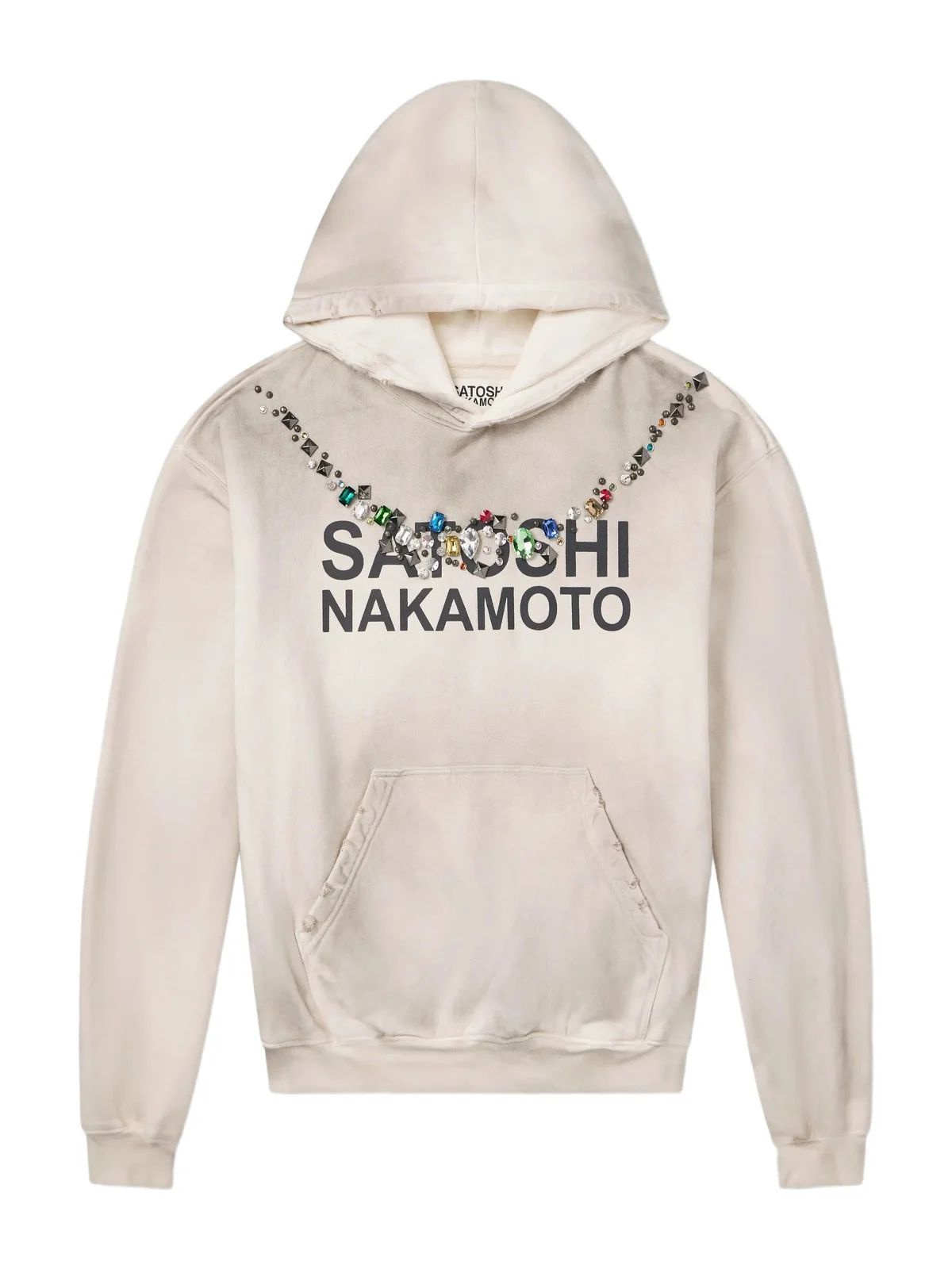 Satoshi Nakamoto Necklace Logo-Print Embellished Distressed Cotton-Jersey Hoodie - Men