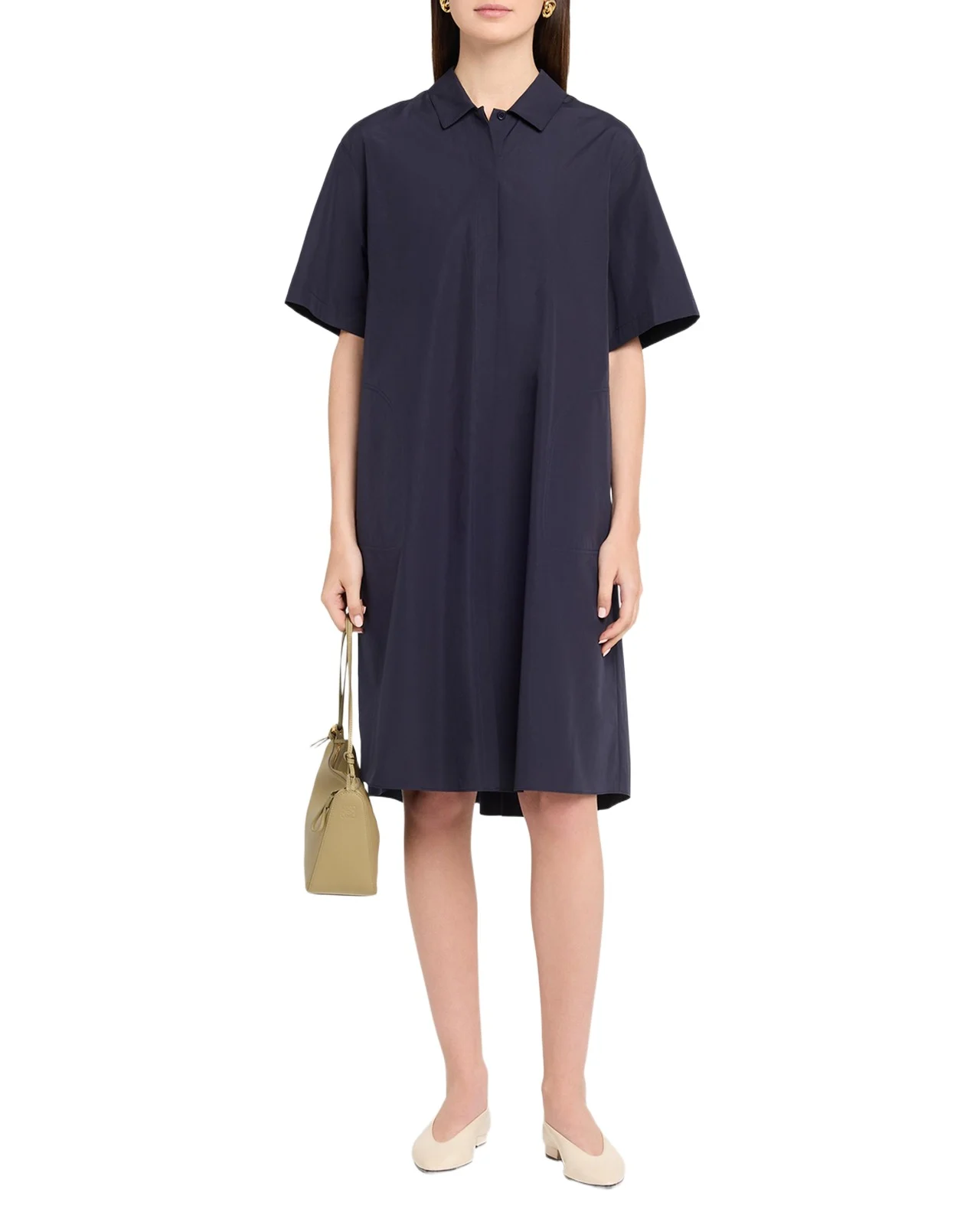 Pleated Cotton Shift Shirtdress