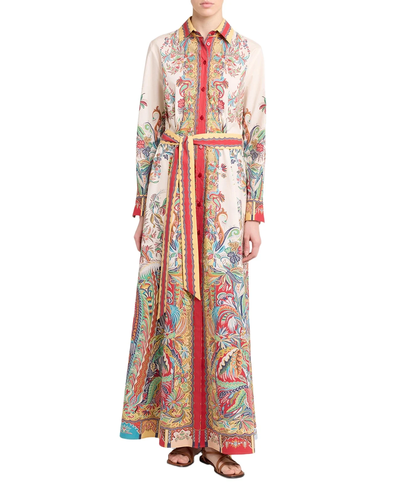 Paisley-Print Cotton Poplin Long-Sleeve Maxi Shirtdress