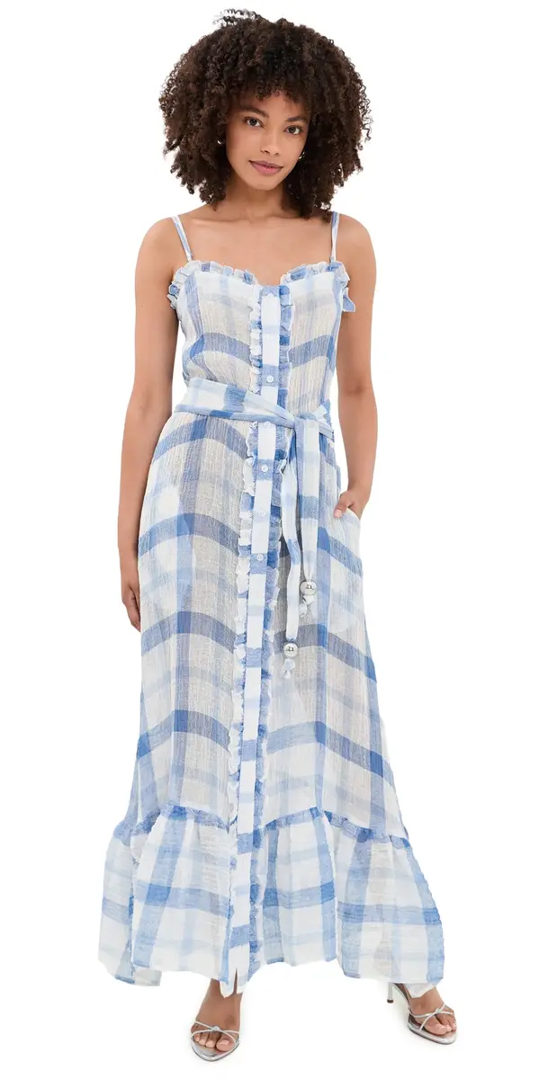 Lisa Marie Fernandez Maxi Ruffle Linen lip Dress Windowpane orrento Gauze | Image 1 Lisa Marie Fernandez Maxi Ruffle Linen lip Dress Windowpane orrento Gauze | Image 1