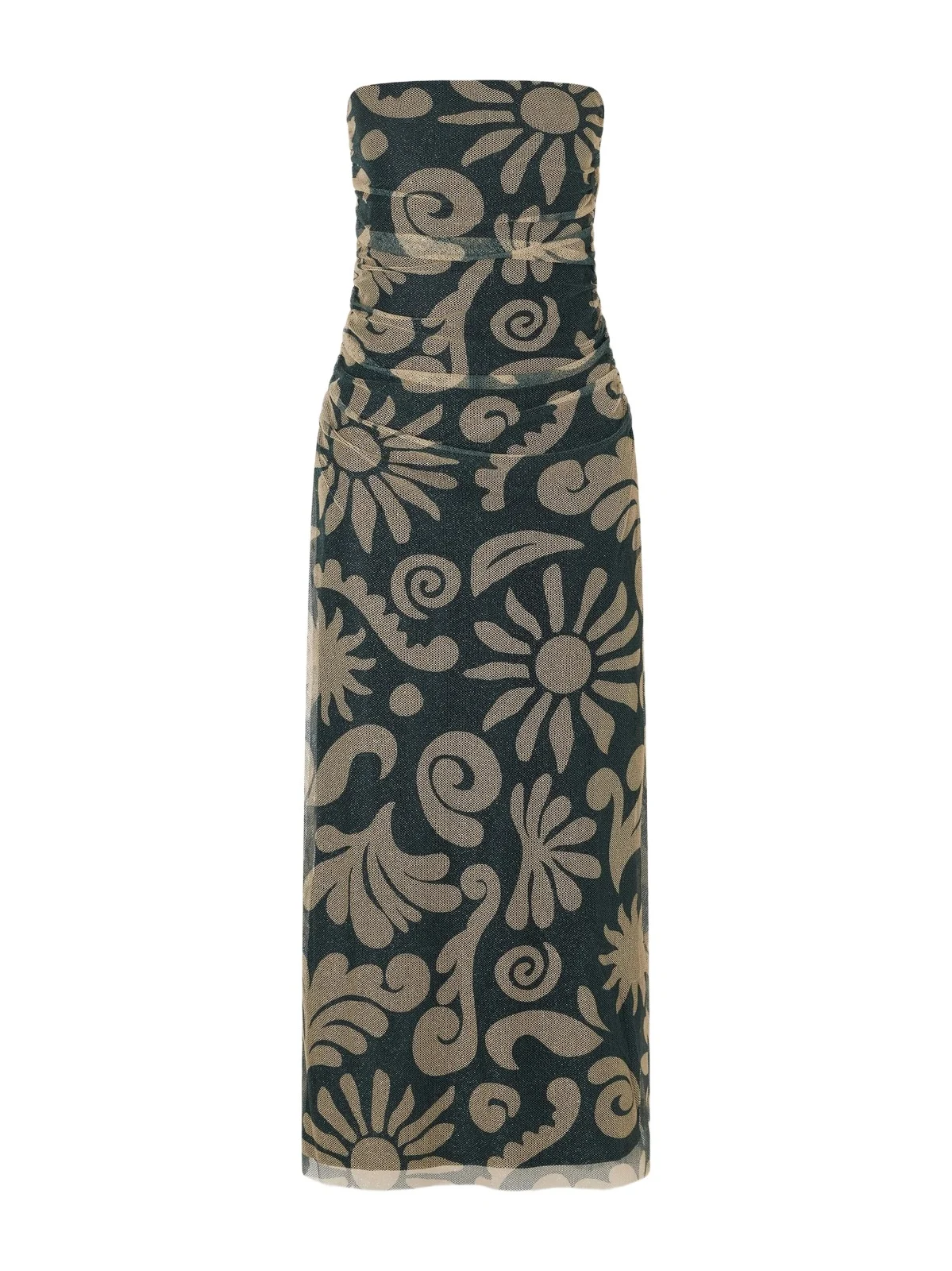 Cala de la Cruz Daphne Ruched Printed Mesh Midi Dress