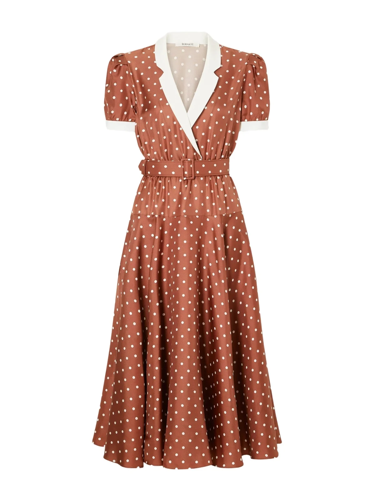 Rodarte Belted Pleated Polka-dot Crepe-trimmed Silk-twill Midi Dress