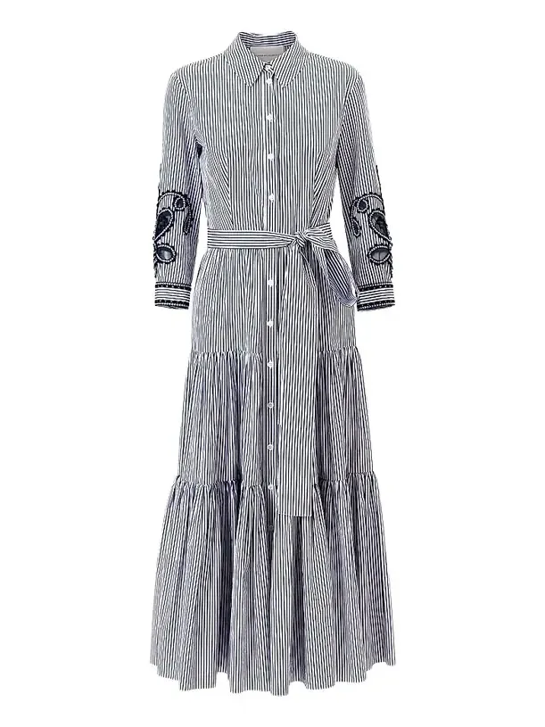 Women's Cabana Embroidered-Sleeve Belted Cotton Midi Shirtdress Women's Cabana Embroidered-Sleeve Belted Cotton Midi Shirtdress