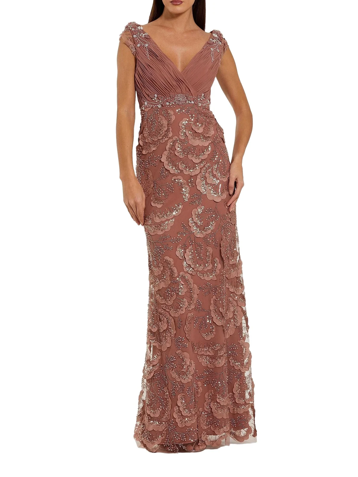 Women's Petite Floral-Appliqué Embellished Chiffon Column Gown