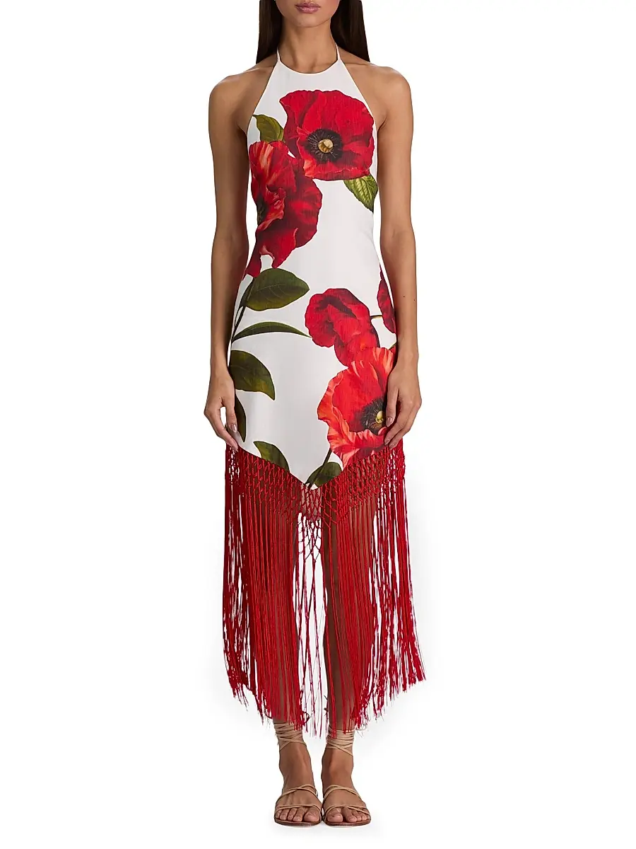 Alice + Olivia Women's Mallory Floral Fringe-Hem Midi-Dress | Thumbnail 2 Alice + Olivia Women's Mallory Floral Fringe-Hem Midi-Dress | Thumbnail 2