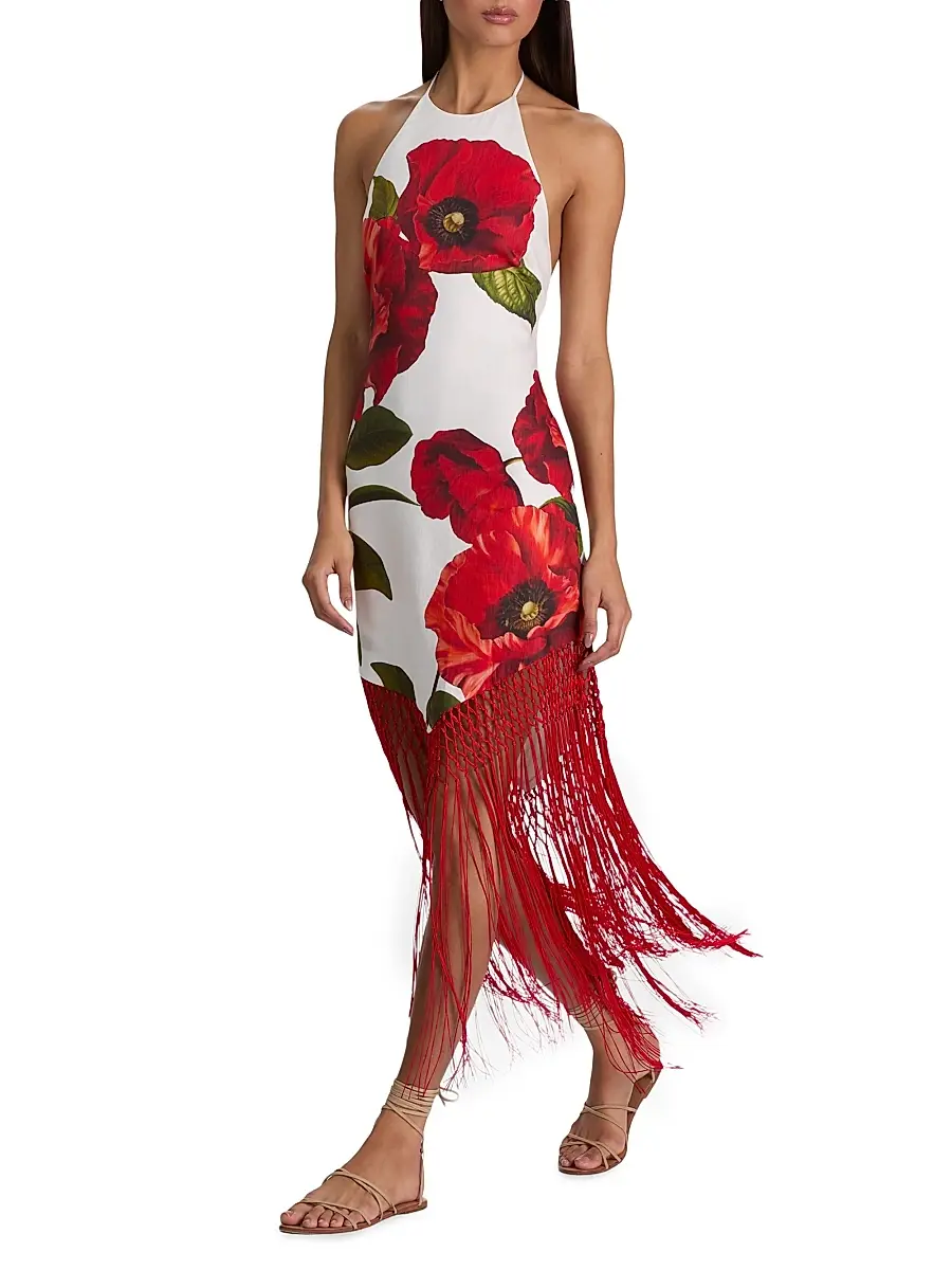 Alice + Olivia Women's Mallory Floral Fringe-Hem Midi-Dress | Thumbnail 5 Alice + Olivia Women's Mallory Floral Fringe-Hem Midi-Dress | Thumbnail 5