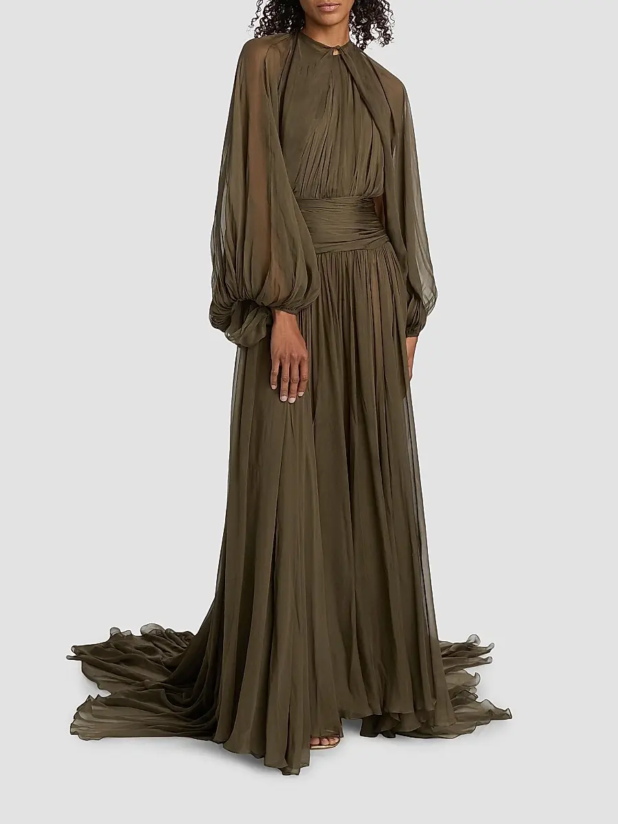 Oscar de la Renta Women's Open-Sleeve Silk Chiffon Capelet & Gown - Truffle | Thumbnail 2