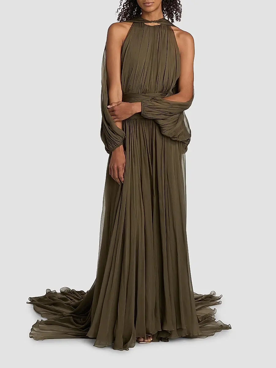 Oscar de la Renta Women's Open-Sleeve Silk Chiffon Capelet & Gown - Truffle | Thumbnail 3