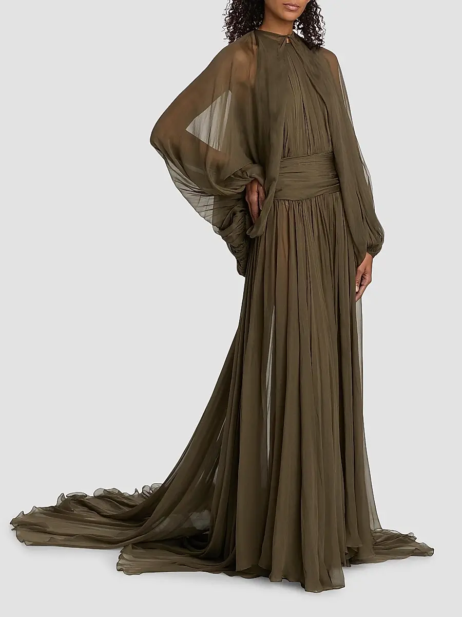 Oscar de la Renta Women's Open-Sleeve Silk Chiffon Capelet & Gown - Truffle | Thumbnail 4