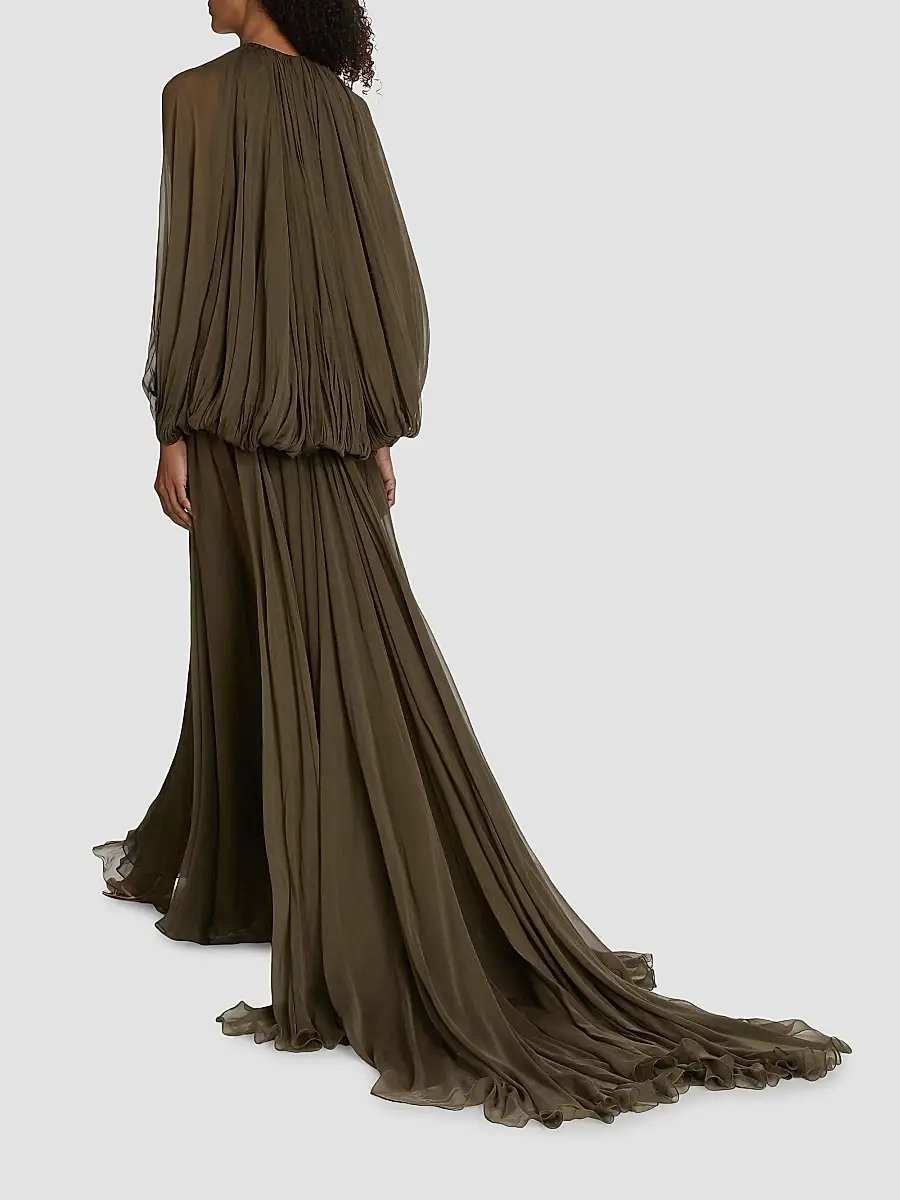 Oscar de la Renta Women's Open-Sleeve Silk Chiffon Capelet & Gown - Truffle | Thumbnail 5