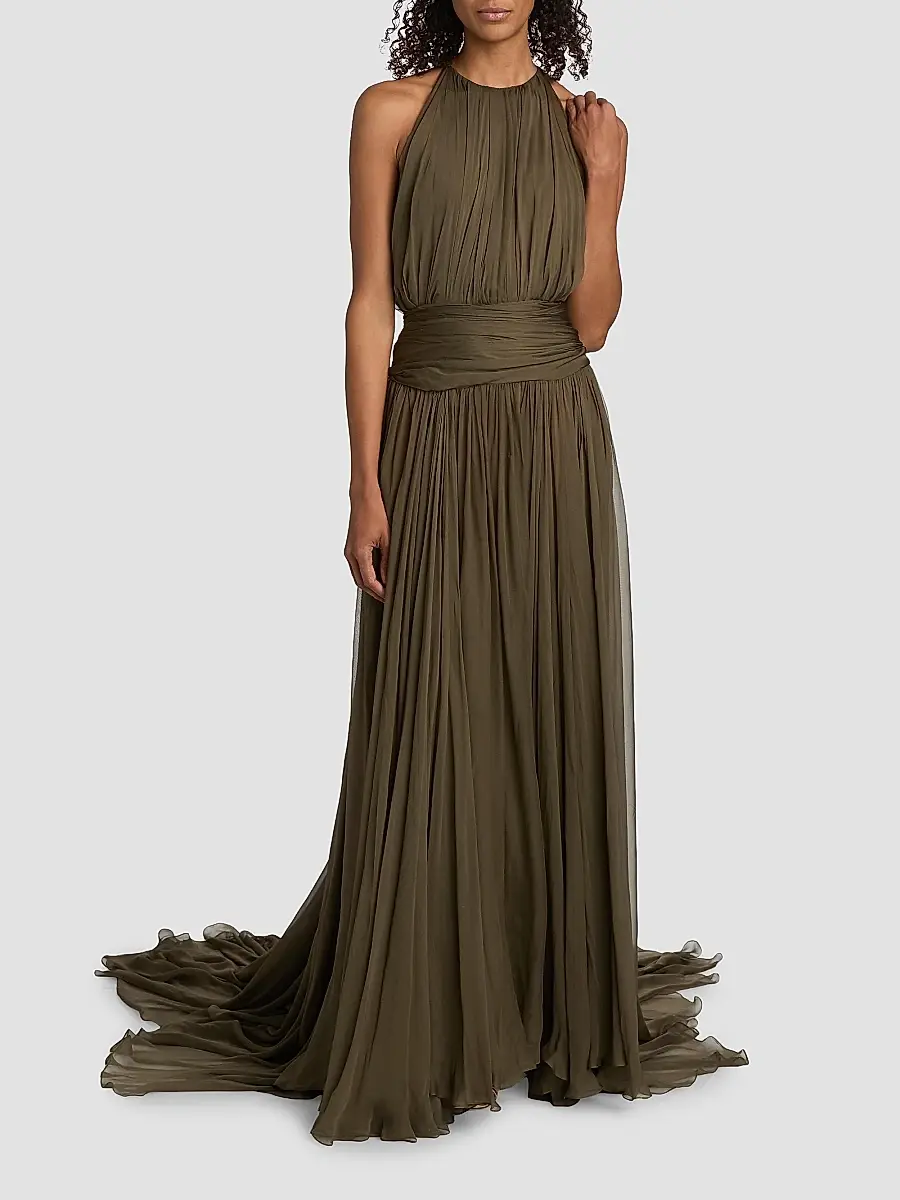 Oscar de la Renta Women's Open-Sleeve Silk Chiffon Capelet & Gown - Truffle | Thumbnail 6