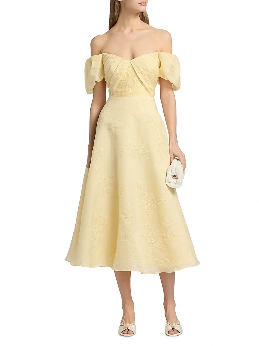 THEIA Women's Mel Jacquard Off-The-Shoulder Tea-Length Dress | Thumbnail 2 THEIA Women's Mel Jacquard Off-The-Shoulder Tea-Length Dress | Thumbnail 2