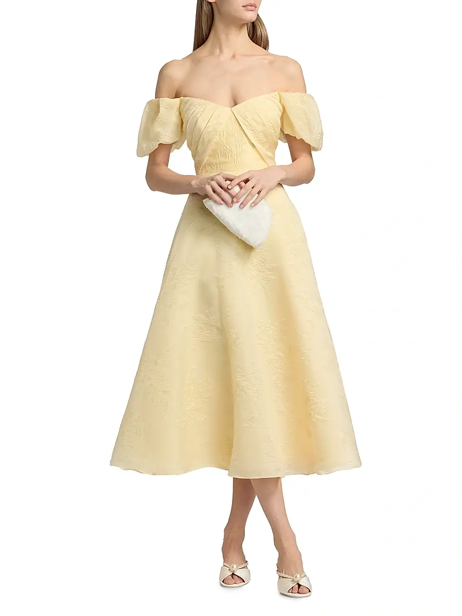 THEIA Women's Mel Jacquard Off-The-Shoulder Tea-Length Dress | Thumbnail 3 THEIA Women's Mel Jacquard Off-The-Shoulder Tea-Length Dress | Thumbnail 3