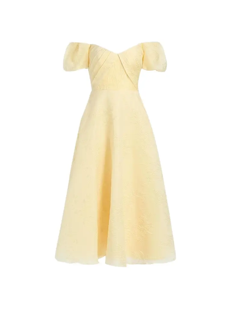 Theia Women's Mel Jacquard Off-The-Shoulder Tea-Length Dress - Butter Yellow | Image 1 Theia Women's Mel Jacquard Off-The-Shoulder Tea-Length Dress - Butter Yellow | Image 1