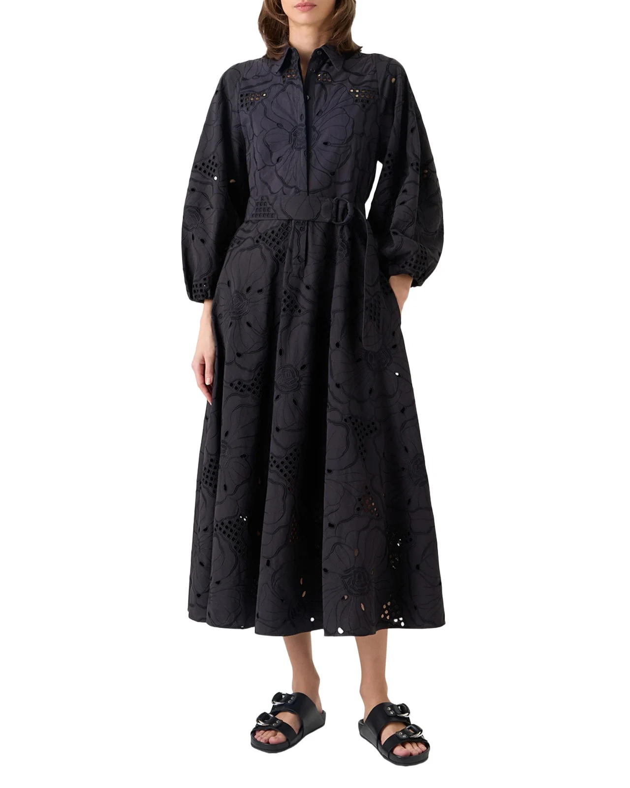 Akris punto Flower Eyelet Embroidered Cotton Belted Balloon-Sleeve Midi Shirtdress