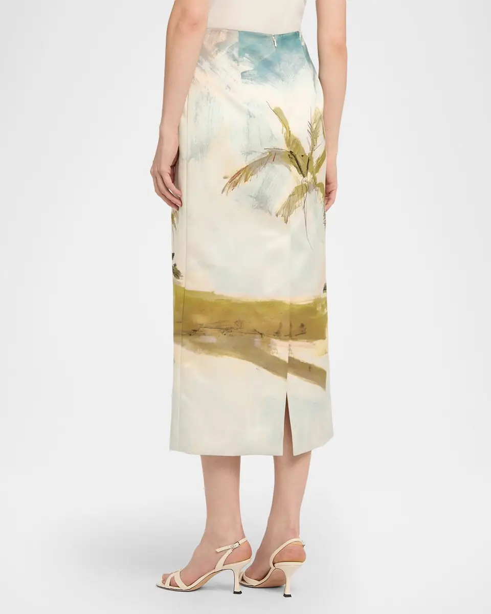 Oscar de la Renta Palm Tree Satin Midi Pencil Skirt | Thumbnail 2 Oscar de la Renta Palm Tree Satin Midi Pencil Skirt | Thumbnail 2