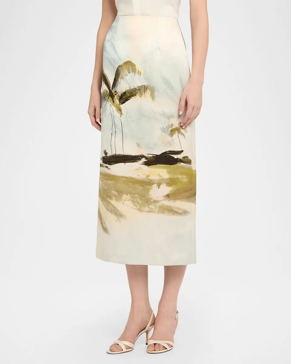 Oscar de la Renta Palm Tree Satin Midi Pencil Skirt | Thumbnail 3 Oscar de la Renta Palm Tree Satin Midi Pencil Skirt | Thumbnail 3