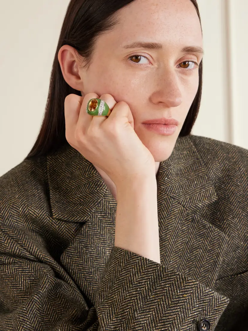 DAVID WEBB Double Stripe 18-karat Gold And Platinum Topaz, Jade And Diamond Ring - Green | Thumbnail 2 DAVID WEBB Double Stripe 18-karat Gold And Platinum Topaz, Jade And Diamond Ring - Green | Thumbnail 2