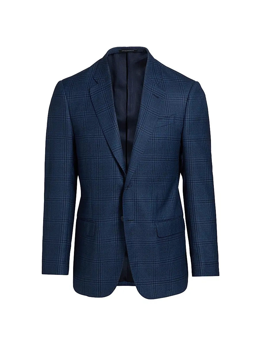 Emporio Armani Men's Plaid Wool Sport Coat - Navy | Image 1 Emporio Armani Men's Plaid Wool Sport Coat - Navy | Image 1