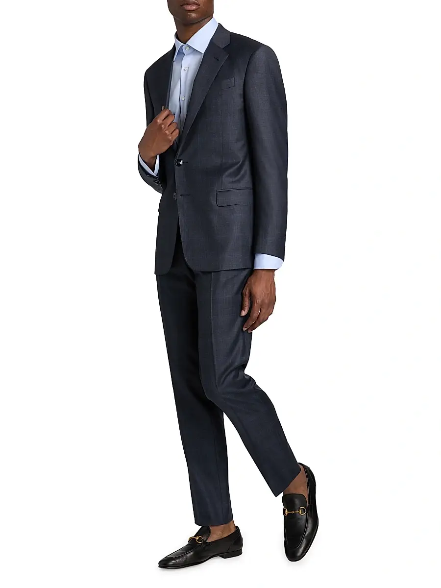 Giorgio Armani Men's Windowpane Plaid Wool-Silk Suit - Dark Blue | Thumbnail 2 Giorgio Armani Men's Windowpane Plaid Wool-Silk Suit - Dark Blue | Thumbnail 2