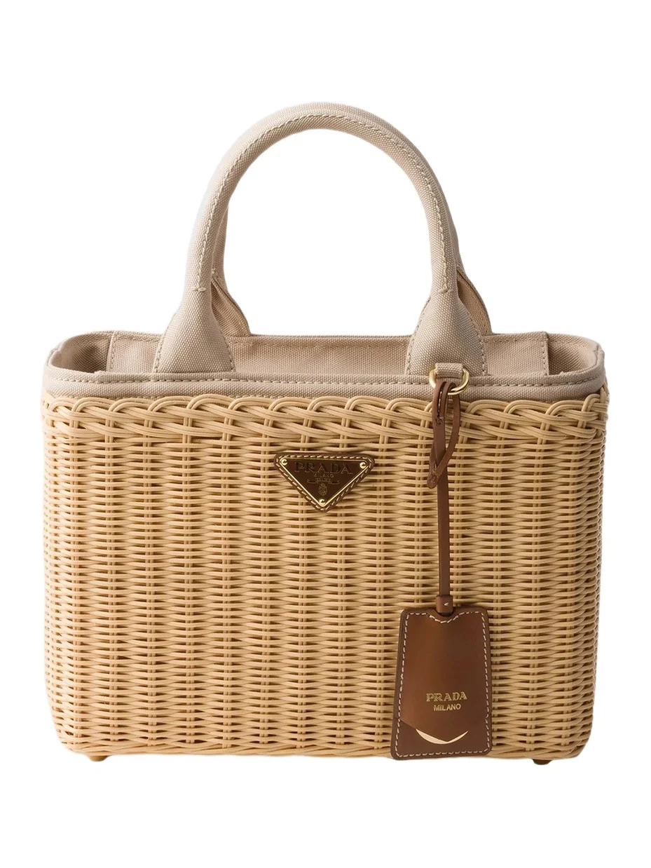 Prada Women's Medium Wicker and Canvas Tote Bag