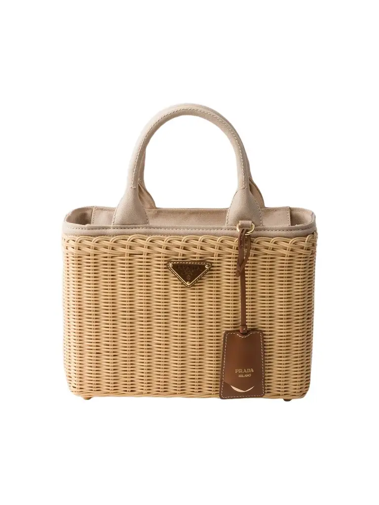 Prada Women's Medium Wicker and Canvas Tote Bag