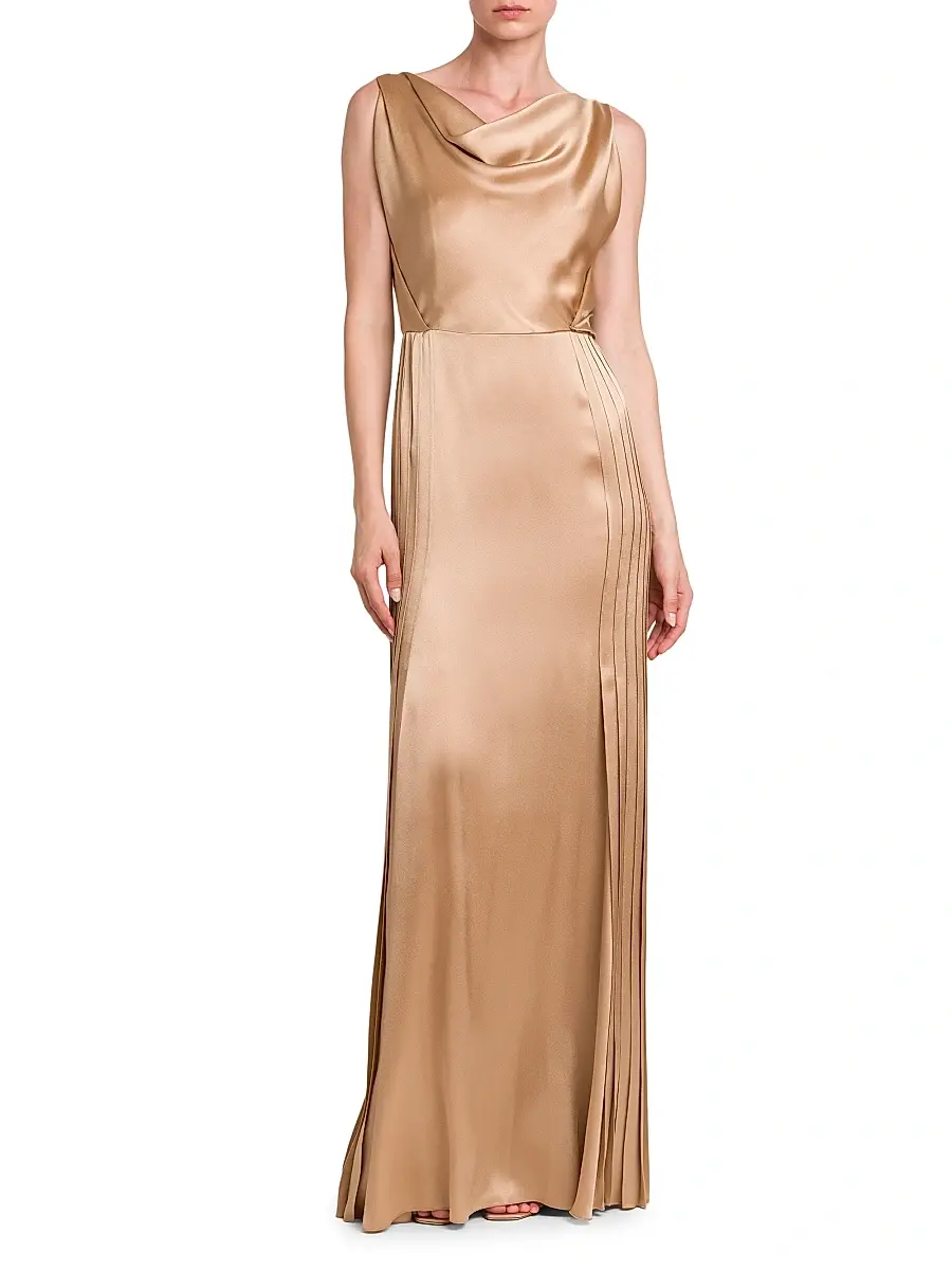 Alberta Ferretti Women's Pleated Satin Cowlneck Gown | Thumbnail 3