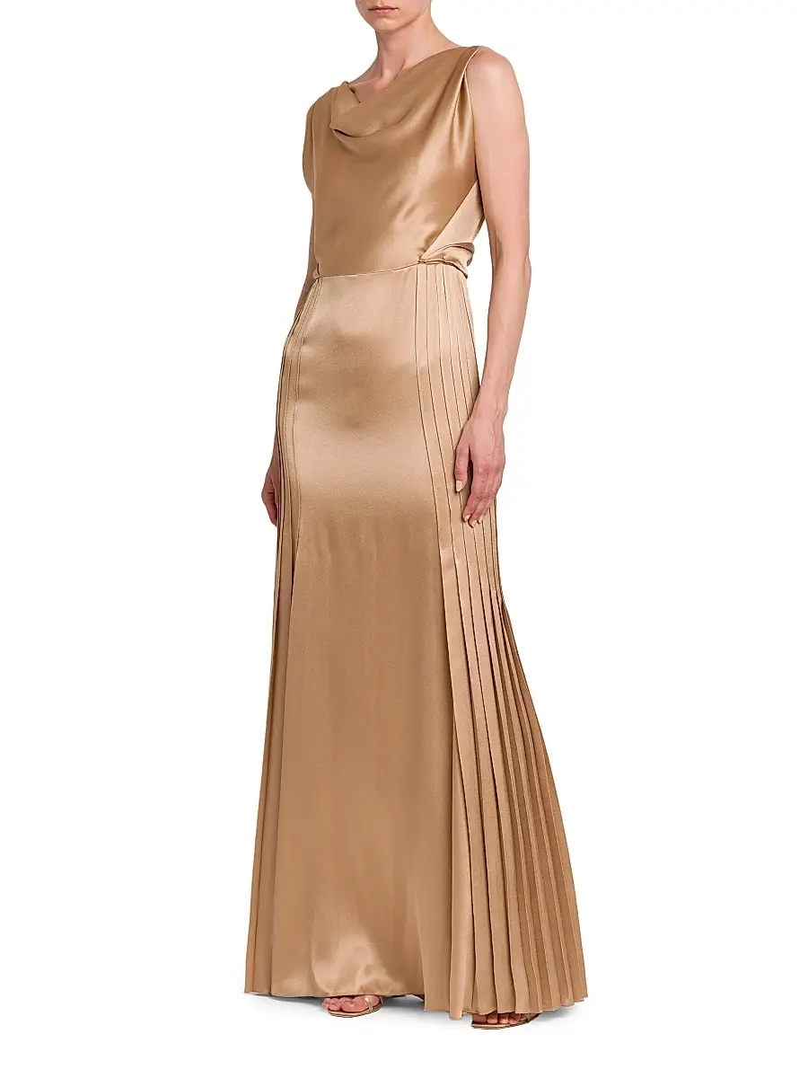 Alberta Ferretti Women's Pleated Satin Cowlneck Gown | Thumbnail 4