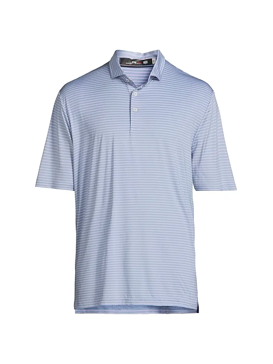 RLX Ralph Lauren Men's RLX Striped Polo Shirt - Blue Lagoon Pink Flamingo | Image 1 RLX Ralph Lauren Men's RLX Striped Polo Shirt - Blue Lagoon Pink Flamingo | Image 1