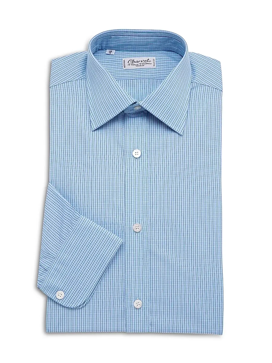 Charvet Men's Check Cotton Button-Front Shirt - Blue - Size 15 | Image 1 Charvet Men's Check Cotton Button-Front Shirt - Blue - Size 15 | Image 1