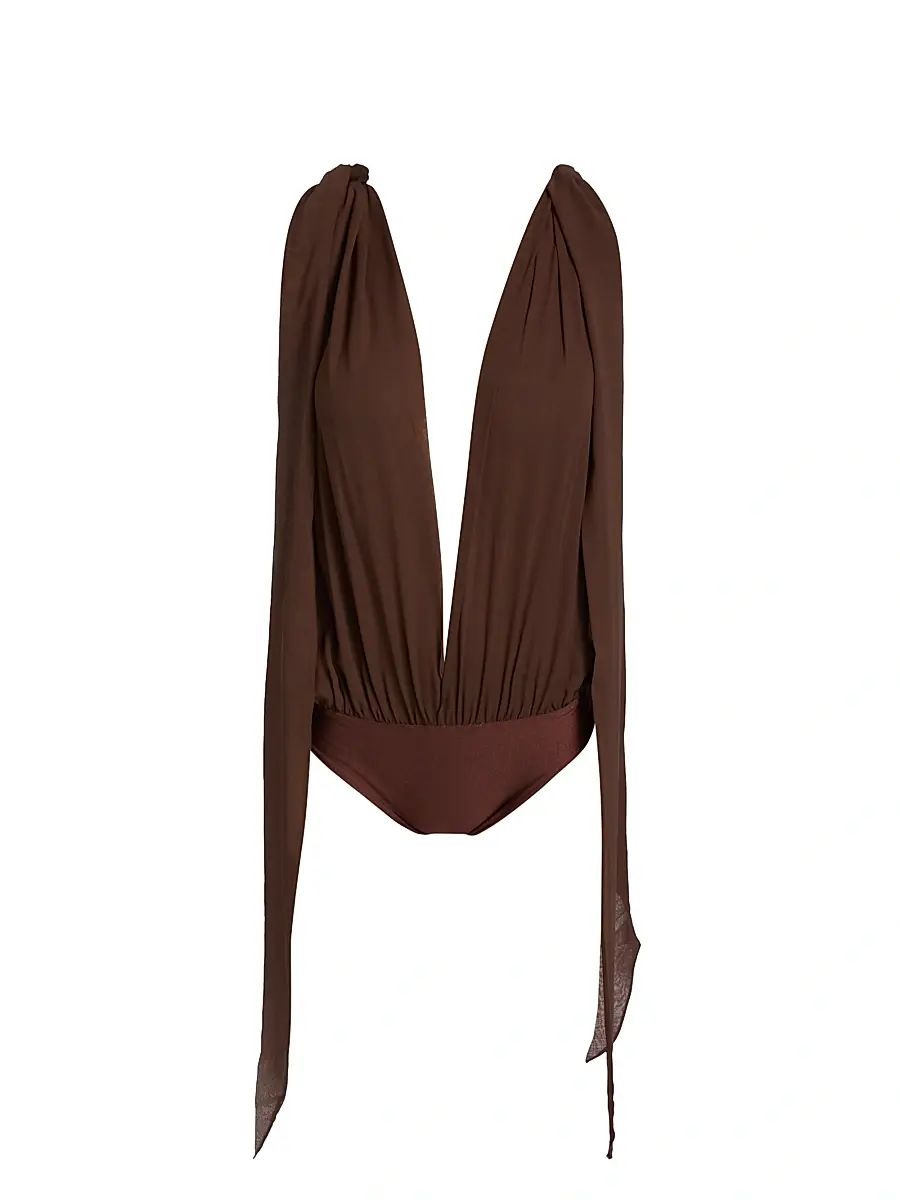 Mariandree Gaitan Women's Valerie Plunging Bodysuit - Brown | Image 1 Mariandree Gaitan Women's Valerie Plunging Bodysuit - Brown | Image 1