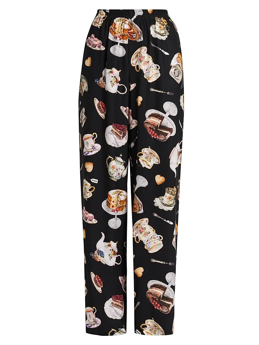 MOSCHINO Women's High Tea Print Silk Trousers - Multi Black | Image 1 MOSCHINO Women's High Tea Print Silk Trousers - Multi Black | Image 1