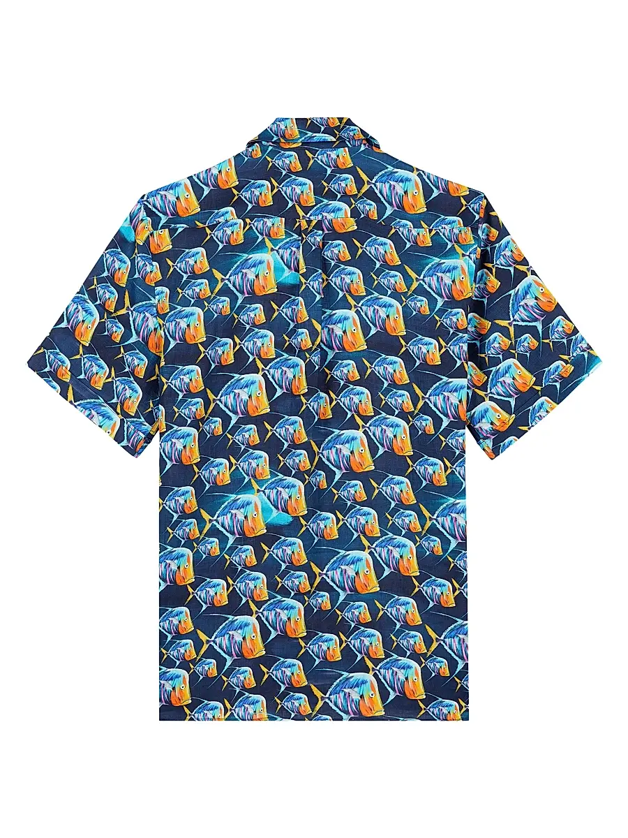 Vilebrequin Men's Piranhas Linen Camp Shirt | Thumbnail 3 Vilebrequin Men's Piranhas Linen Camp Shirt | Thumbnail 3