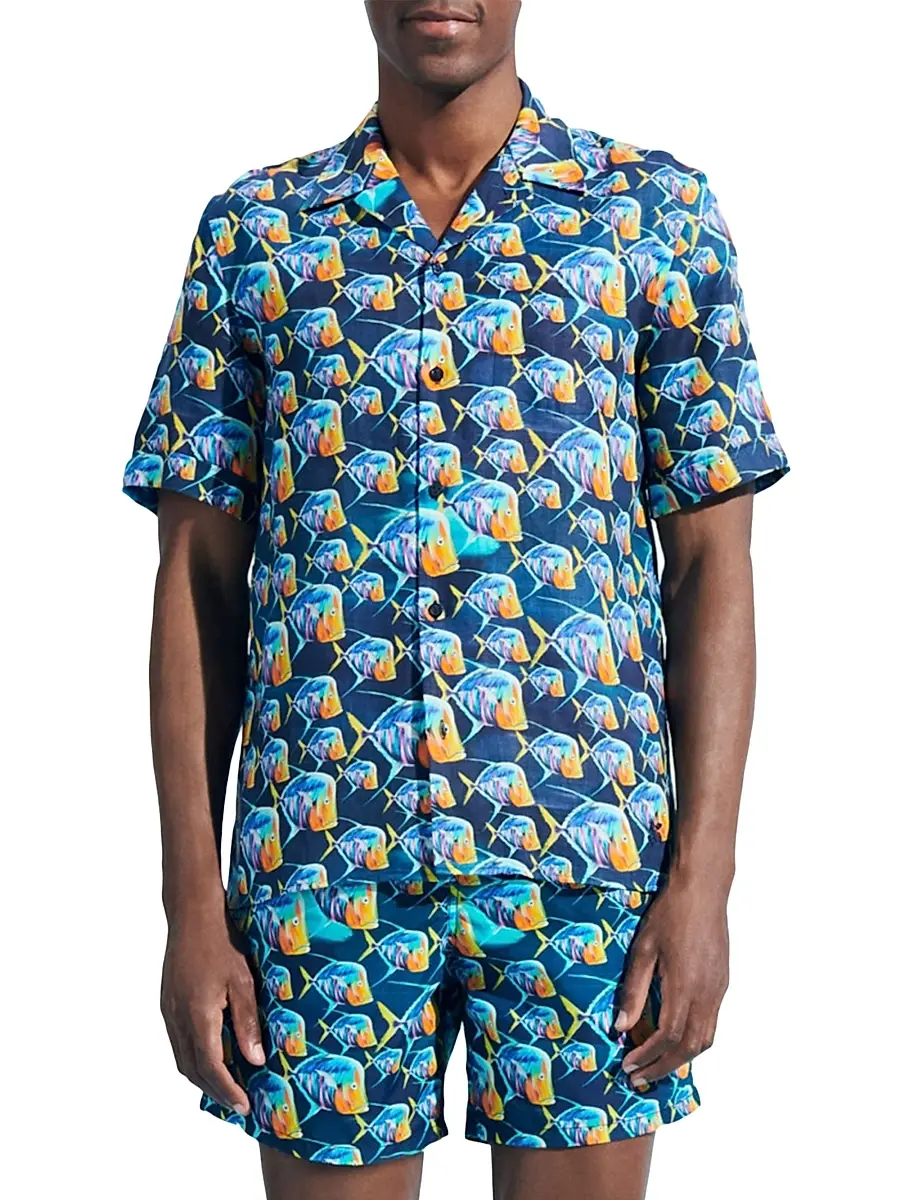 Vilebrequin Men's Piranhas Linen Camp Shirt | Thumbnail 4 Vilebrequin Men's Piranhas Linen Camp Shirt | Thumbnail 4
