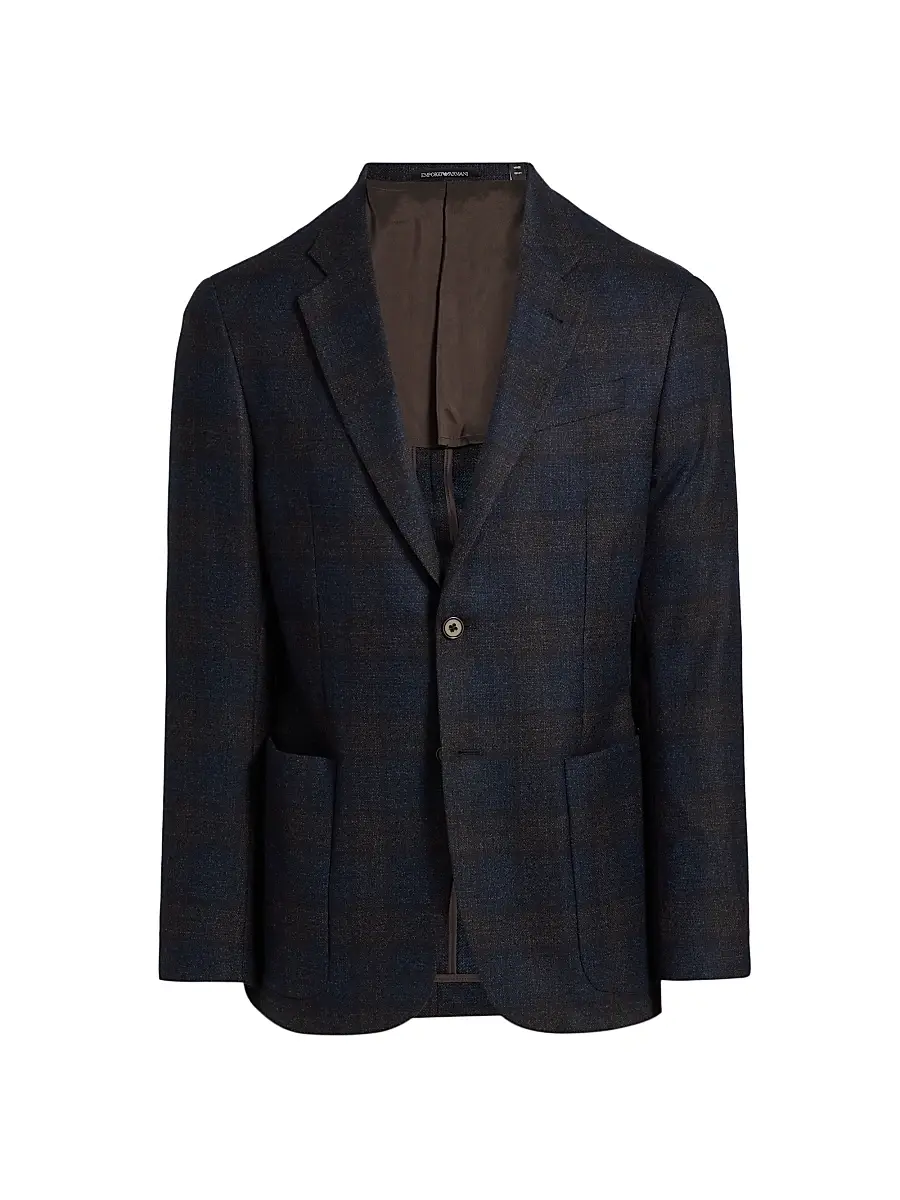 Emporio Armani Men's Patch Pocket Plaid Wool Sport Coat - Navy - Size 42 | Image 1 Emporio Armani Men's Patch Pocket Plaid Wool Sport Coat - Navy - Size 42 | Image 1