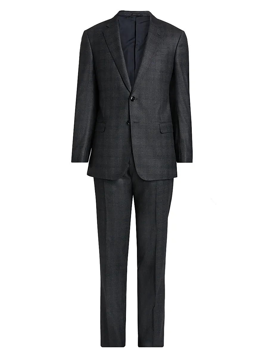 Men's Windowpane Plaid Wool-Cashmere Suit - Dark Grey Blue Men's Windowpane Plaid Wool-Cashmere Suit - Dark Grey Blue