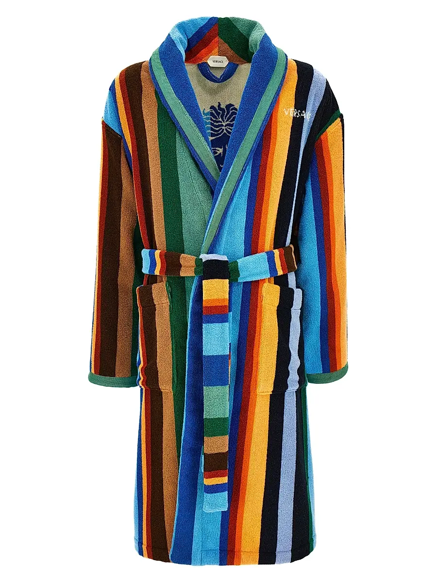 Versace Men's Medusa Jacquard Striped Terry Robe - Blue Multicolor | Image 1 Versace Men's Medusa Jacquard Striped Terry Robe - Blue Multicolor | Image 1