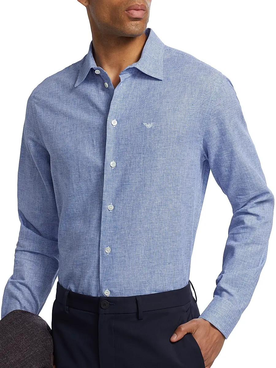 Emporio Armani Men's Linen-Cotton Houndstooth Shirt | Thumbnail 6 Emporio Armani Men's Linen-Cotton Houndstooth Shirt | Thumbnail 6