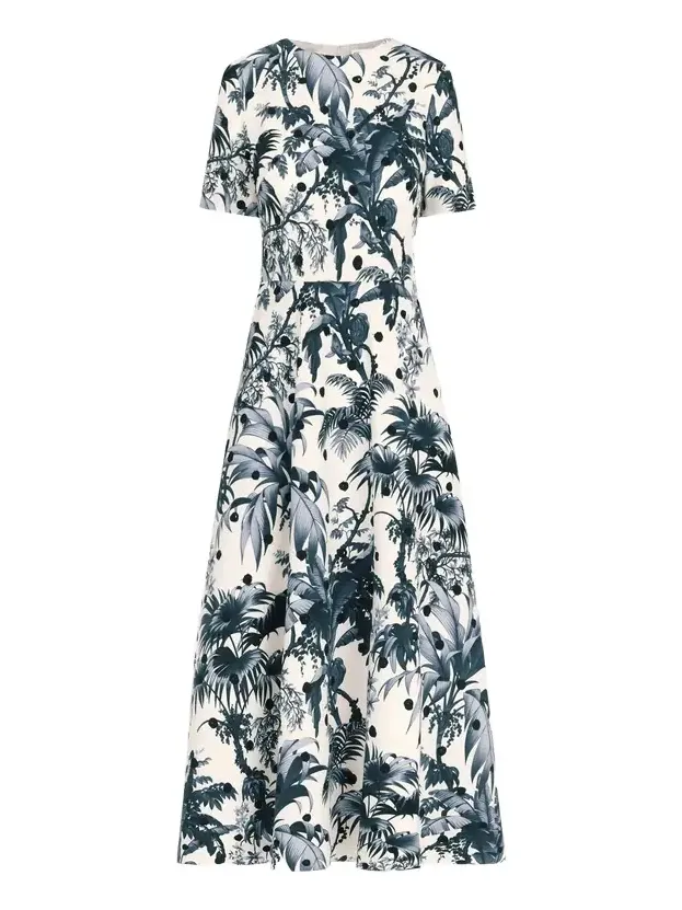 Dotted Palm Leaves Cotton Poplin Short-Sleeve Dress Dotted Palm Leaves Cotton Poplin Short-Sleeve Dress