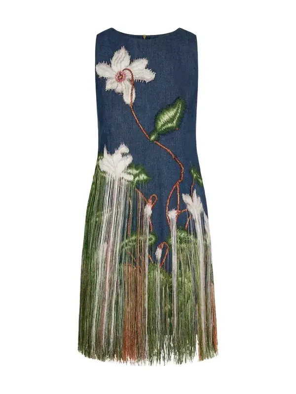 Chiné Cyclamen Threadwork Fringe Shift Dress