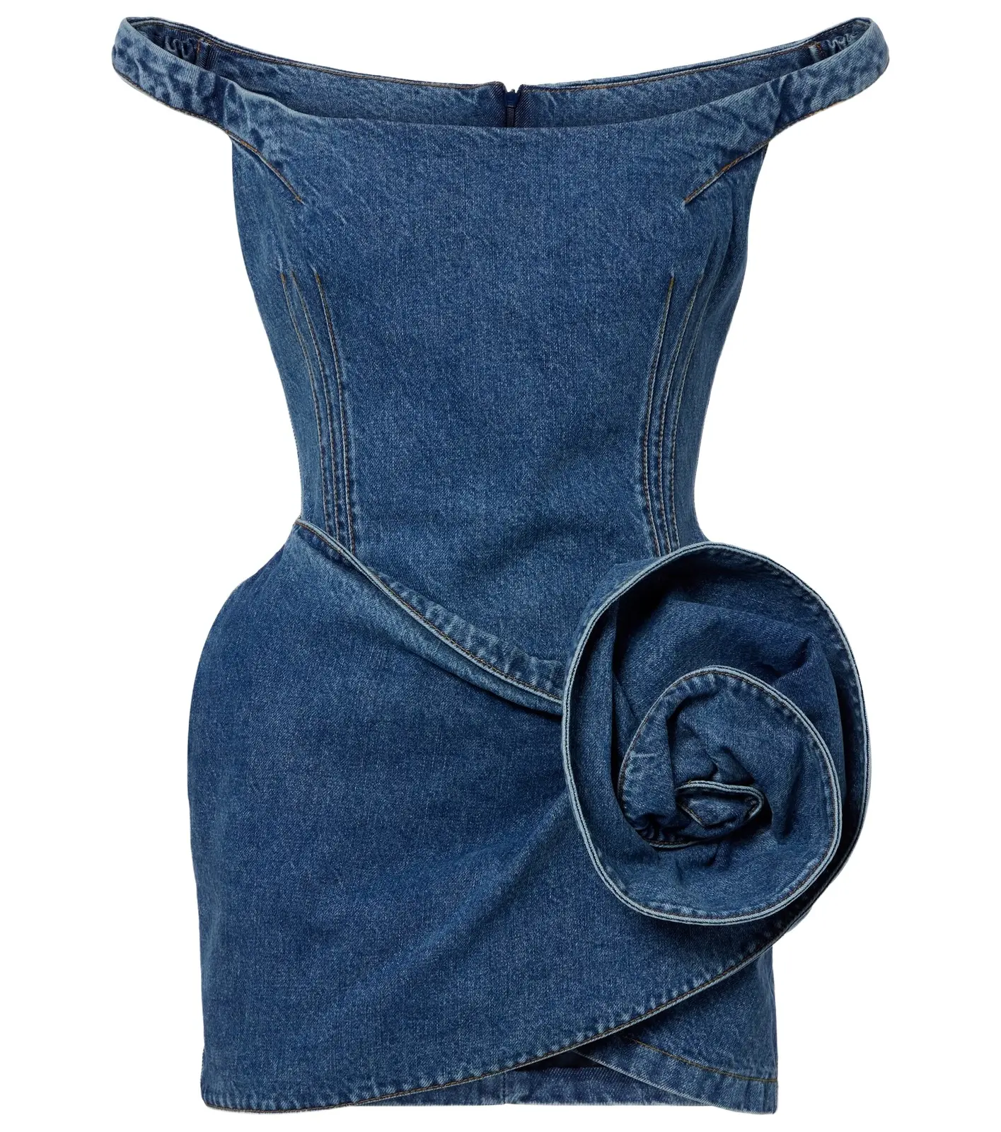 Off-shoulder floral-appliqué denim minidress Off-shoulder floral-appliqué denim minidress