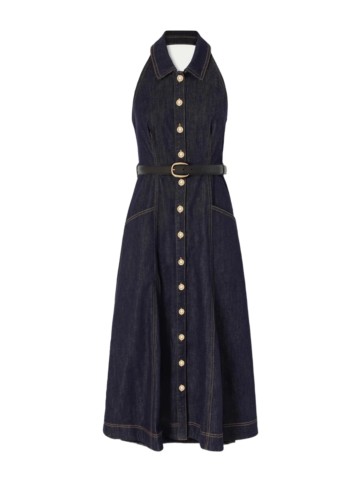 Self-Portrait Belted Denim Halterneck Midi Dress