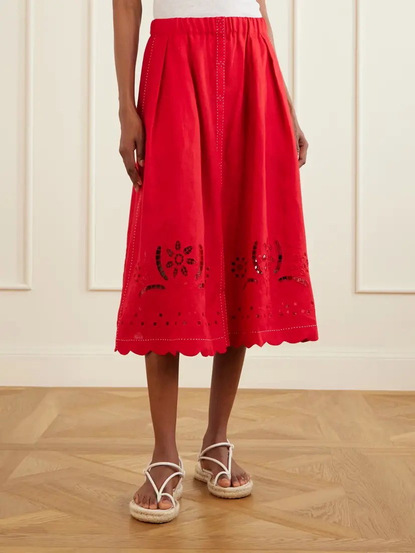Vita Kin Broderie Anglaise-trimmed Linen Midi Skirt | Thumbnail 3